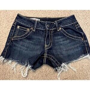 Red Engine Shorts Womens Sz 27 Blue Denim Cut Off Booty Distressed Frayed Fringe